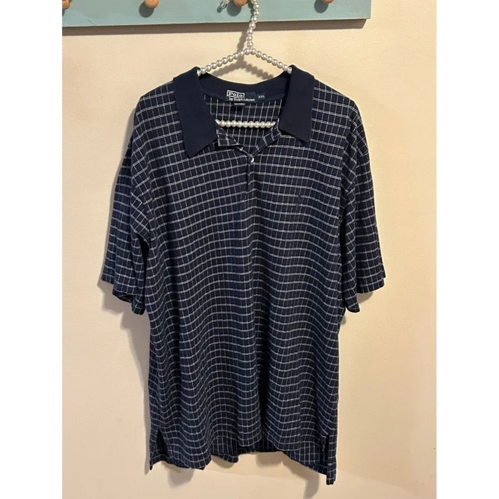 Polo Ralph Lauren XXL Navy Blue White Grid Cotton Linen Polo Shirt